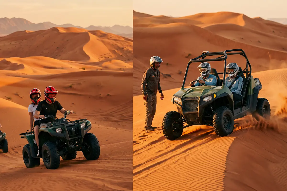 Imagen comparativa de moto de cross vs quad en Dubái para tours por el desierto de Dubái - Alquiler de buggies del desierto en Dubái