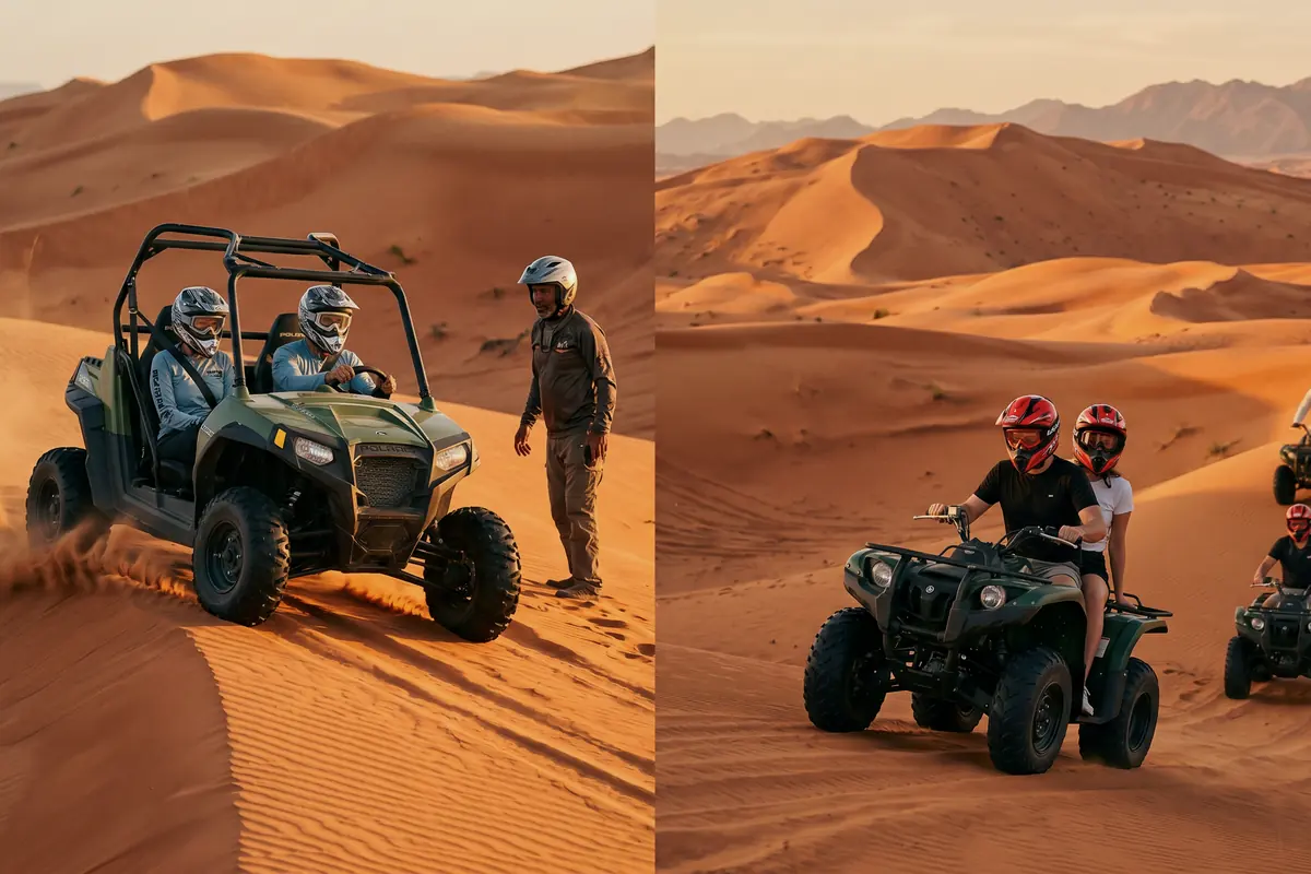 Imagen comparativa de moto de cross vs quad en Dubái para tours por el desierto de Dubái - Alquiler de buggies del desierto en Dubái