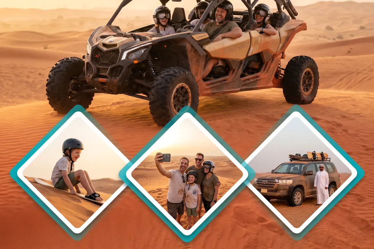 Family 3-Pack Buggy + Quad + Camel camel ride scene in Lahbab red dunes Dubai - Desert Buggy Rental Dubai