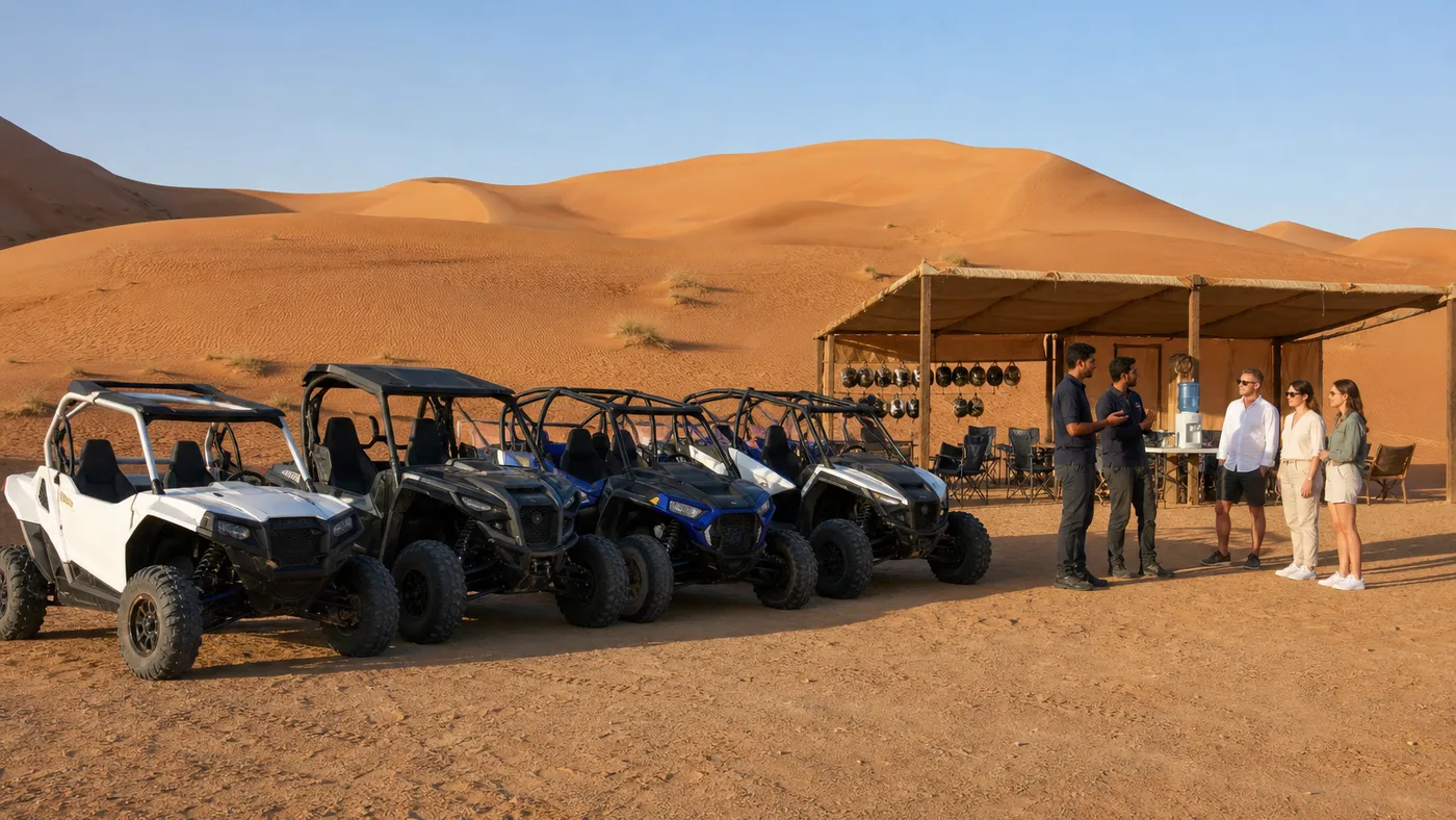 Dune buggy meeting point at the red dunes near Dubai: parked 2-seat and 4-seat buggies, a shaded rest area and guides briefing guests