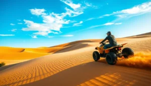Tourists riding quad bikes across sun-kissed Dubai desert dunes, kicking up sand as they navigate the challenging terrain