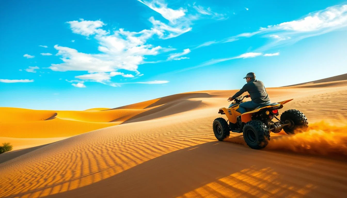 Tourists riding quad bikes across the golden sand dunes of the Dubai desert under a clear blue sky