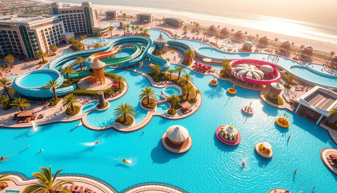 Tourists enjoying a thrilling water slide at a vibrant Dubai waterpark under a clear blue sky