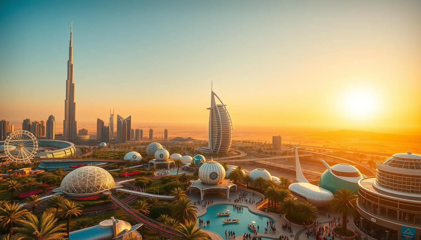 Tourists enjoying various rides and attractions at a vibrant theme park in Dubai, showcasing the city's entertainment scene