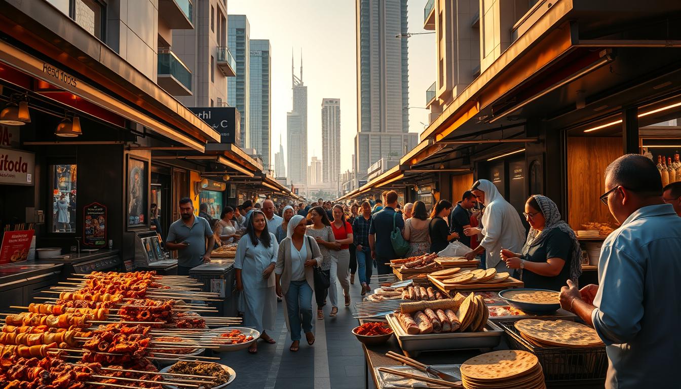 Tourists enjoying a variety of delicious street food dishes at a bustling market stall in Dubai, experiencing local culture and flavors