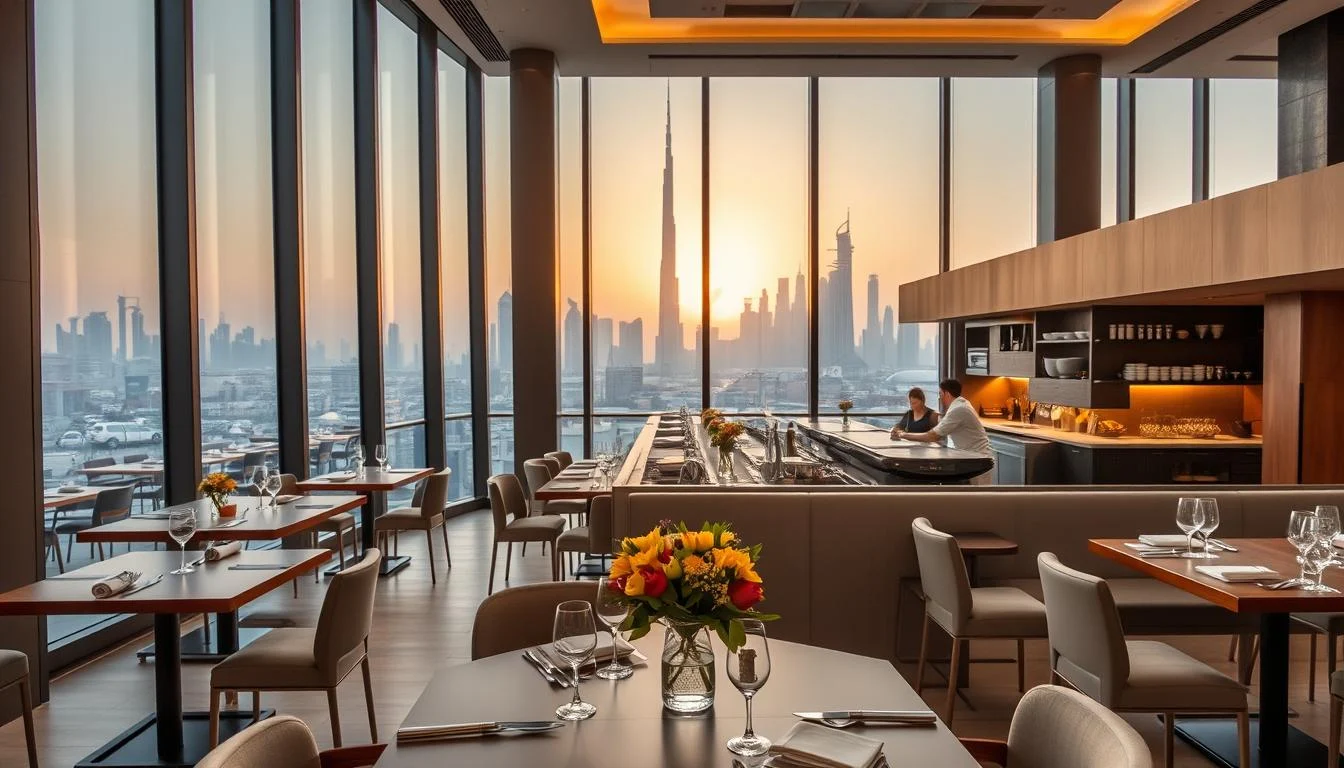 A vibrant, modern dining room in one of Dubai's new restaurants, featuring stylish decor and ambient lighting, ready for guests in 2025