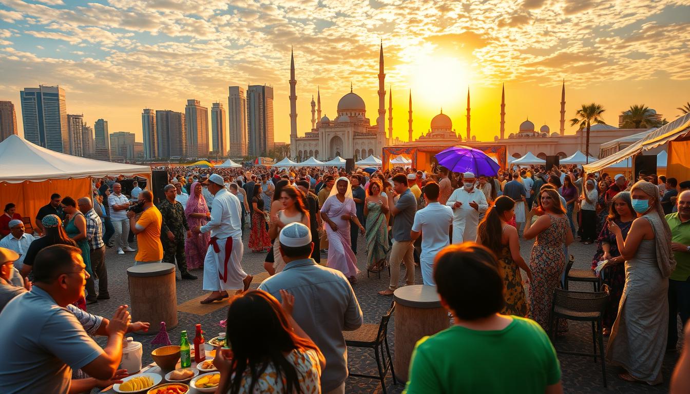 Families celebrating Eid Al Adha with traditional activities and fireworks in a vibrant UAE city setting at night
