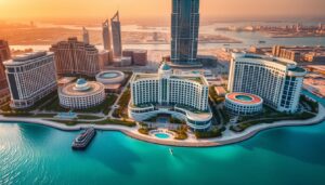 Aerial view of luxury beachfront hotel towers on a turquoise bay at sunset, 5-star hotels in Dubai