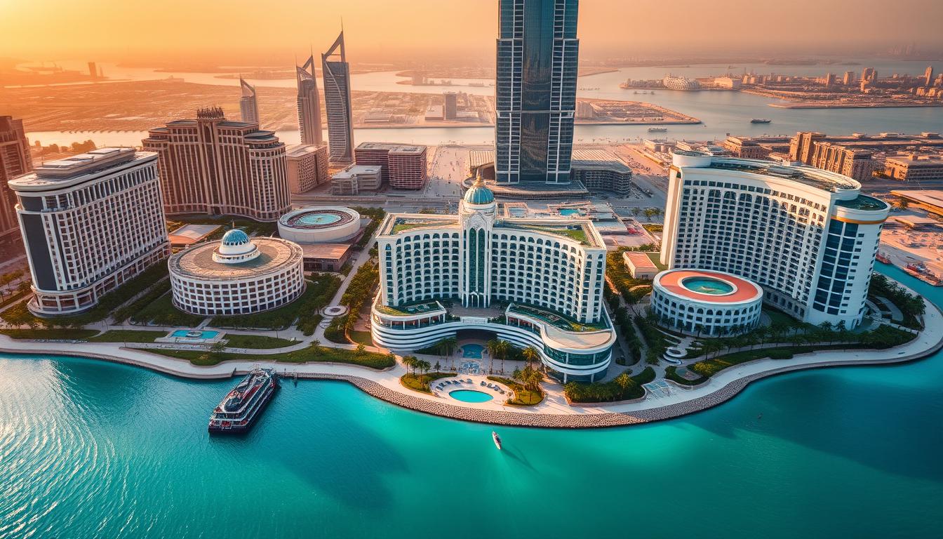 Aerial view of luxury beachfront hotel towers on a turquoise bay at sunset, 5-star hotels in Dubai