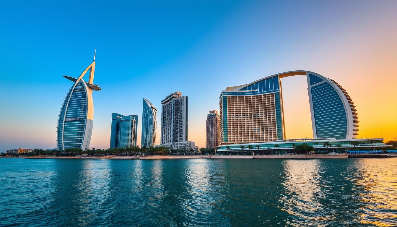 Luxury waterfront hotel towers including a sail-shaped building above calm water at dusk, 5-star hotels in Dubai