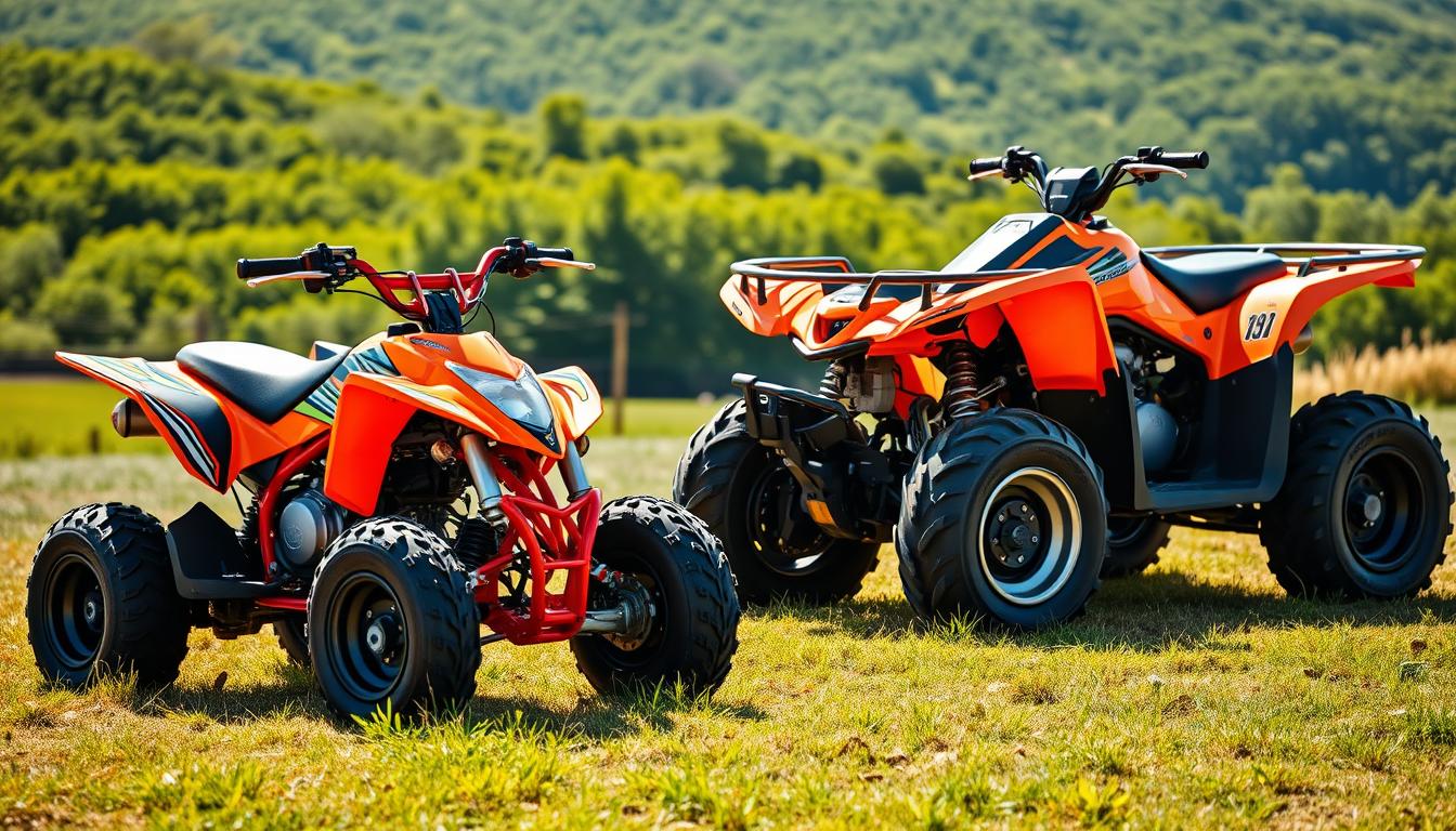 Two quad bikes, a small 90CC and a large 700CC, parked side-by-side on a desert dune at sunset, ready for a thrilling ride