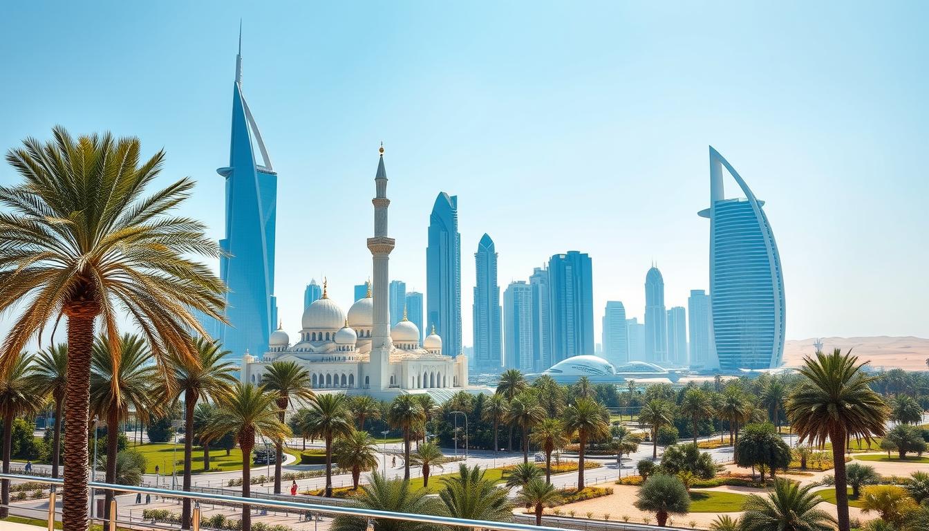 The majestic Sheikh Zayed Grand Mosque in Abu Dhabi with its gleaming white marble domes and minarets under a clear sky