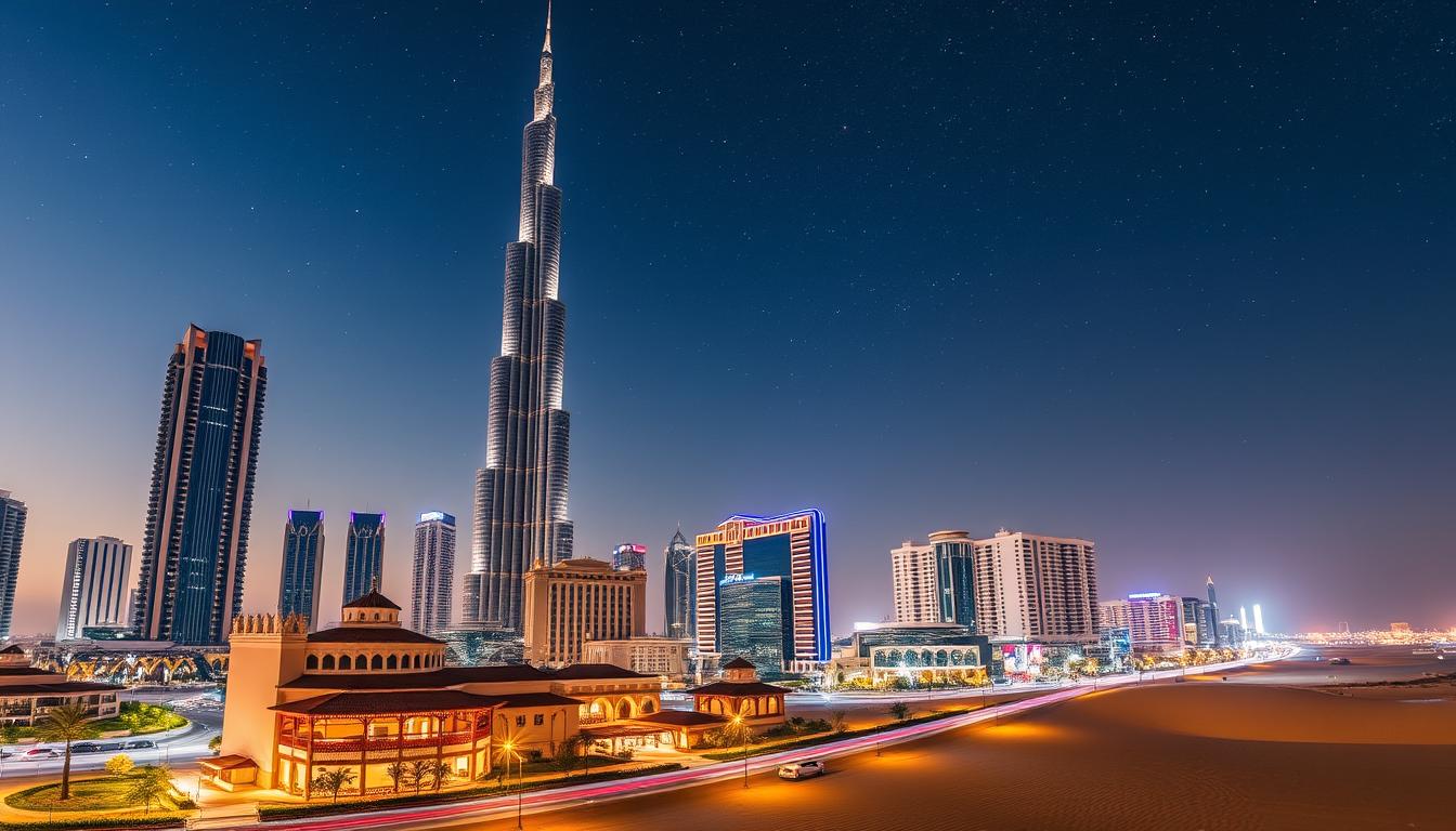 Modern skyscrapers and luxury hotels lining the waterfront of Dubai Marina at sunset, reflecting in the calm water
