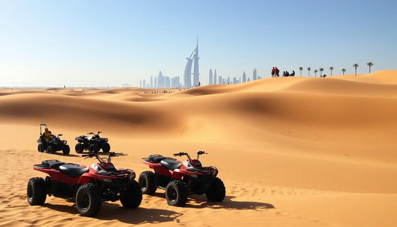 Tourists riding quad bikes across the red dunes of Jebel Ali desert at sunrise with hot air balloons in the distance