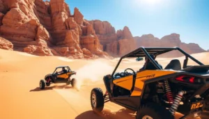 Tourists riding dune buggies across the golden sands of Al Ula desert with ancient ruins in the background at sunset