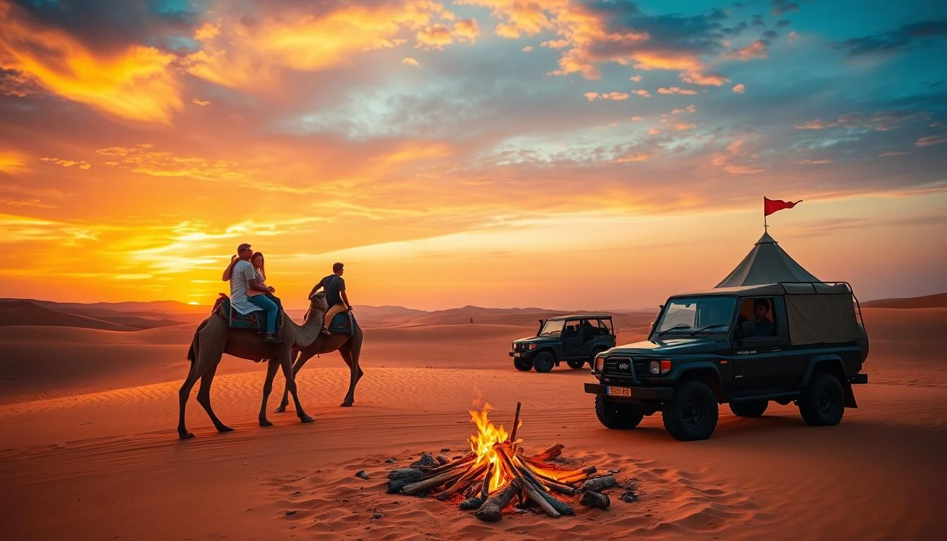 Family enjoying a desert safari near Arabian Ranches, with children and adults smiling during an outdoor adventure in the golden dunes