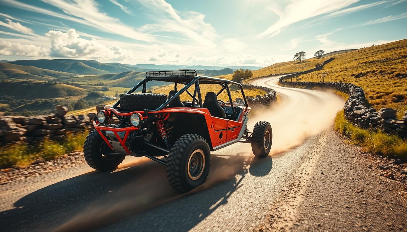 A vibrant yellow dune buggy with large tires and a roll cage, parked on a sandy track in the UK, ready for off-road adventure