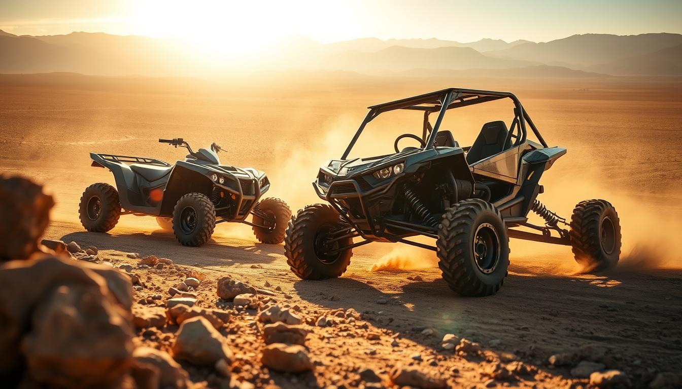 A red dune buggy with a roll cage and safety harnesses, parked on a desert dune at sunset, highlighting its safety features