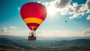 Colorful hot air balloons floating over the golden Dubai desert at sunrise, with a wicker basket in the foreground carrying passengers