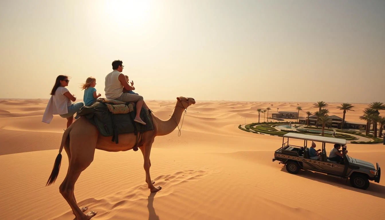 Family with young children enjoying a desert safari in Dubai, riding in a 4x4 vehicle over sandy dunes at sunset