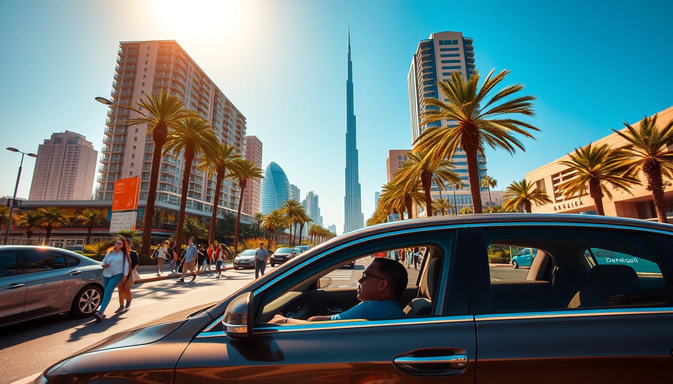 Tourists driving a rental car on a multi-lane highway in Dubai with modern skyscrapers in the background