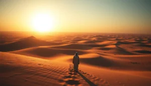 Authentic Arabian desert scene of a man in a white robe and headdress walking over vast dunes at sunset