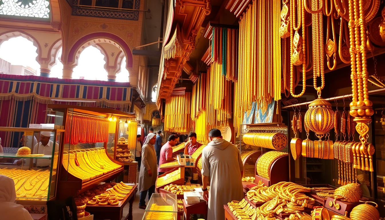 A close-up view of various intricate gold necklaces and bracelets displayed in a brightly lit shop window at Dubai's Gold Souk