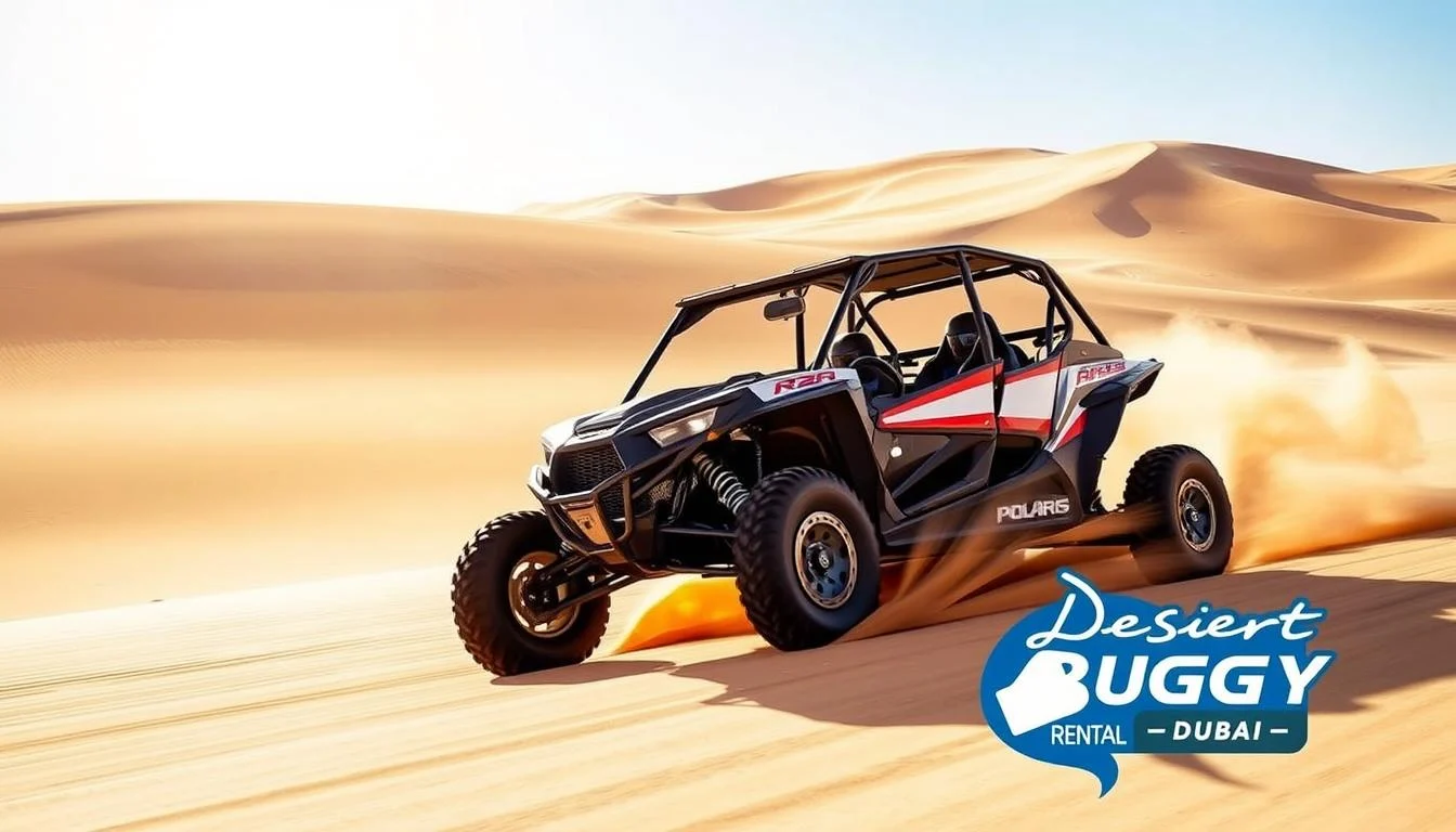 Polaris RZR 1000 CC dune buggy kicking up sand while speeding across the vast golden dunes of the Dubai desert at sunset