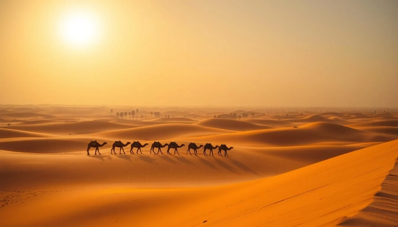 Golden dunes roll like waves under a vast sky in Abu Dhabi, inviting tourists to explore the desert safari adventure.