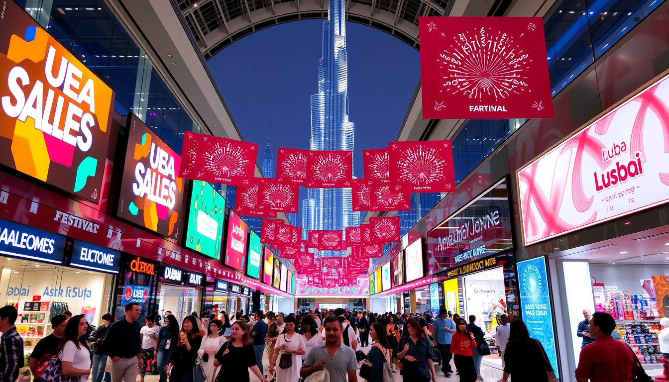 Shoppers carrying bags and enjoying the festive atmosphere at a brightly lit mall during the Dubai Shopping Festival