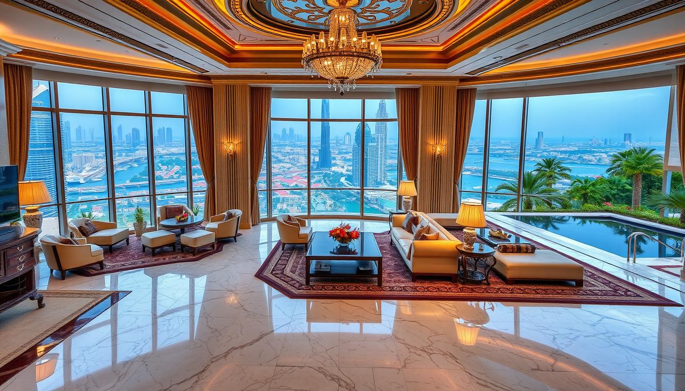 Luxurious hotel suite in Dubai with a panoramic view of the city skyline and the iconic Burj Khalifa