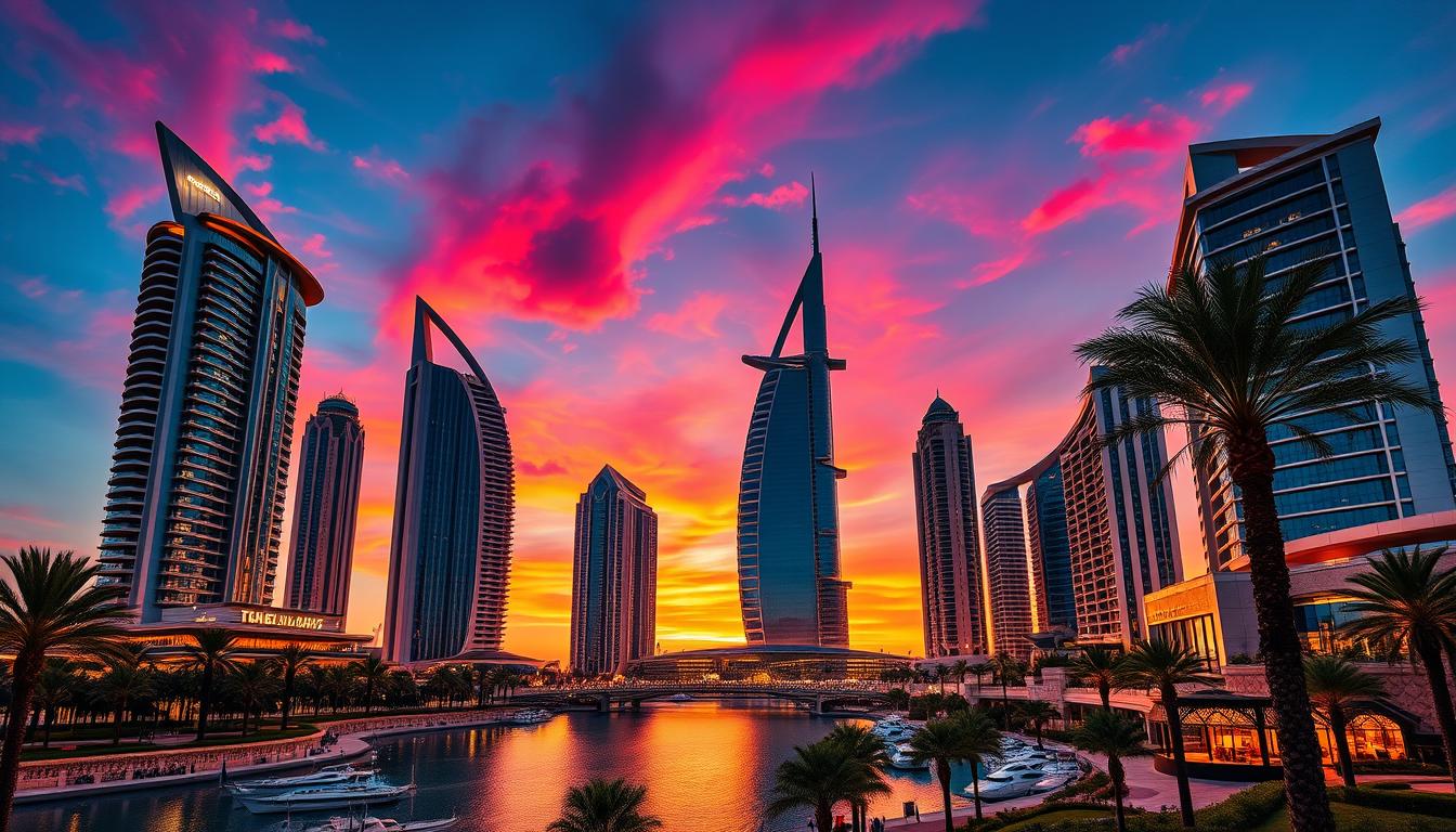 The iconic Burj Al Arab Jumeirah hotel in Dubai, shaped like a sail, standing majestically against a clear blue sky