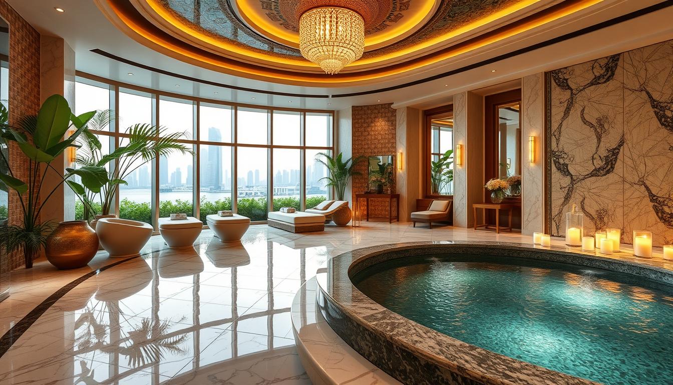 Luxury spa interior with a round plunge pool, candles, chandelier and loungers by city-view windows in Dubai