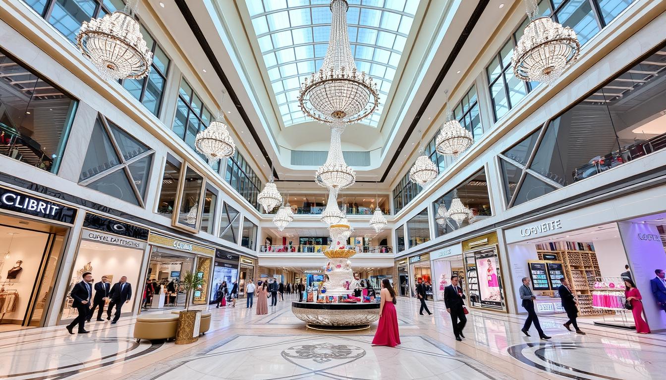 The grand entrance of a luxurious shopping mall in Dubai, showcasing modern architecture and vibrant lights at dusk