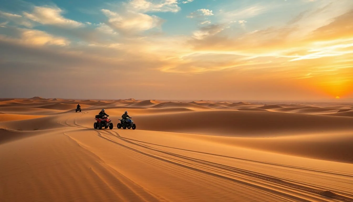 Tourists riding quad bikes across the golden sand dunes of Dubai's desert under a clear sky