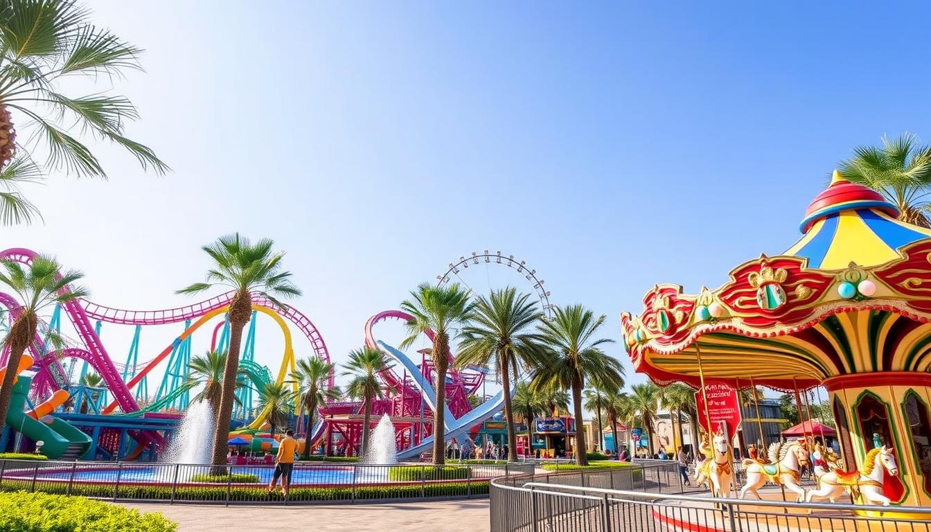 Kids excitedly running towards the entrance of Dubai Parks and Resorts, ready for a day of fun and adventure