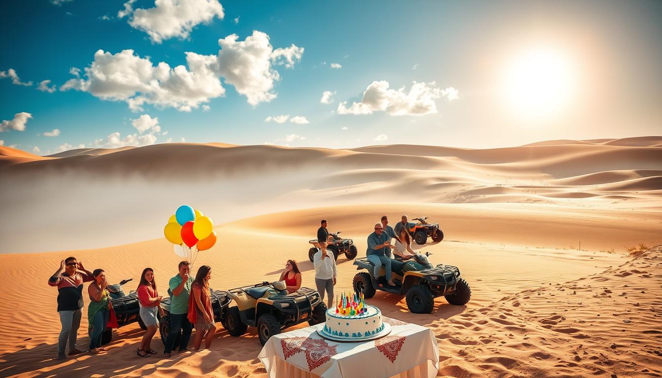 Tourists riding quad bikes across red Dubai desert dunes at sunset during a birthday celebration, with the city skyline glowing in the distance