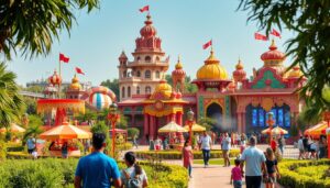 Families enjoying a colorful and musical parade at Bollywood Parks Dubai, with various characters and dancers entertaining guests