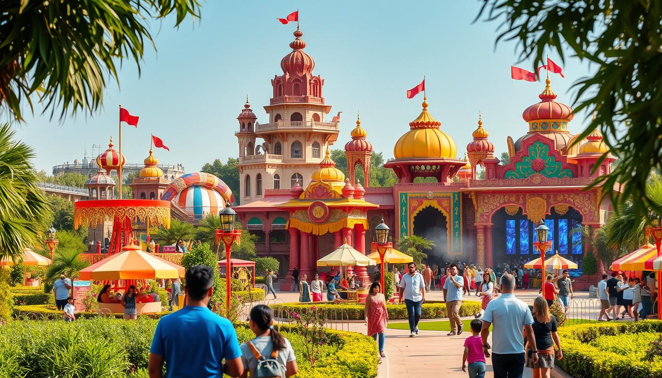 Families enjoying a colorful and musical parade at Bollywood Parks Dubai, with various characters and dancers entertaining guests