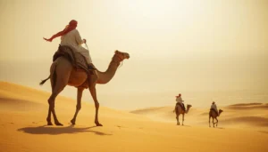 Tourists riding camels across golden sand dunes in the Arabian Desert at sunset, experiencing a traditional desert journey