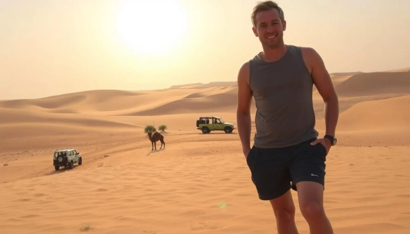 Smiling man in a tank top and shorts on desert dunes with 4x4 vehicles and a camel behind during a desert safari in Dubai