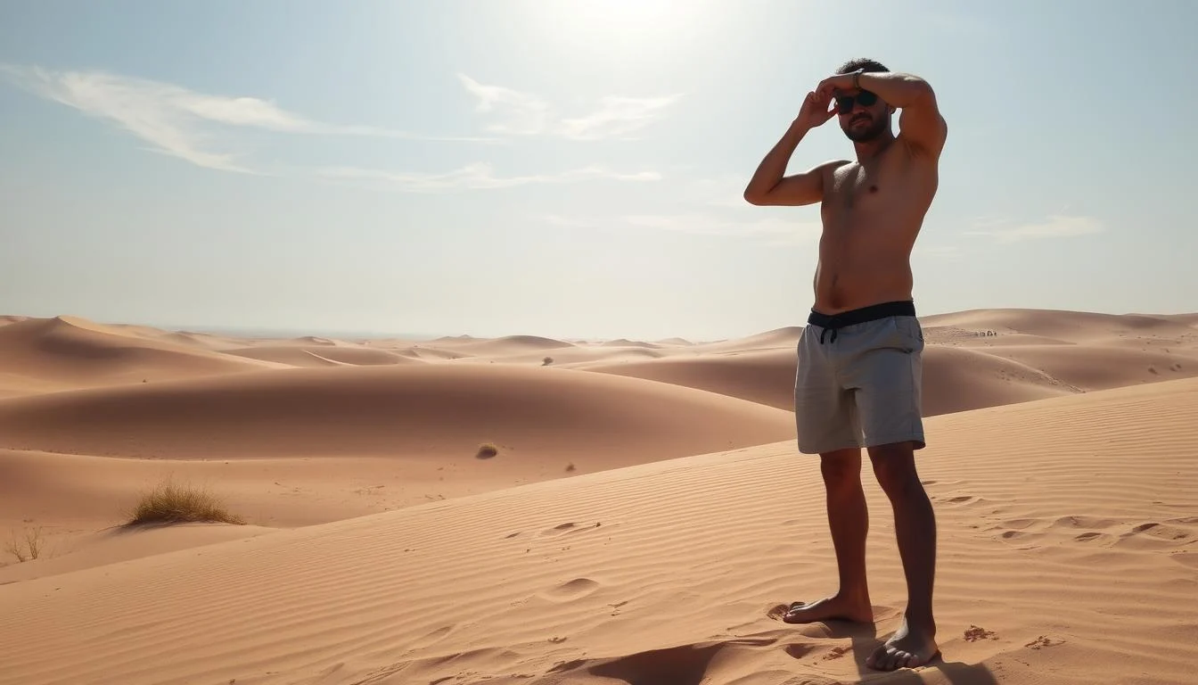 Tourists wearing appropriate desert attire, including some in loose-fitting shorts, enjoying a dune buggy adventure in the Dubai desert