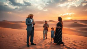 Family in long dresses and jackets on desert dunes at sunset, a man in a suit checking his phone