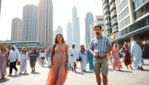 Tourists walking through a modern Dubai shopping mall, dressed in a mix of modest and casual attire, demonstrating acceptable clothing choices for for