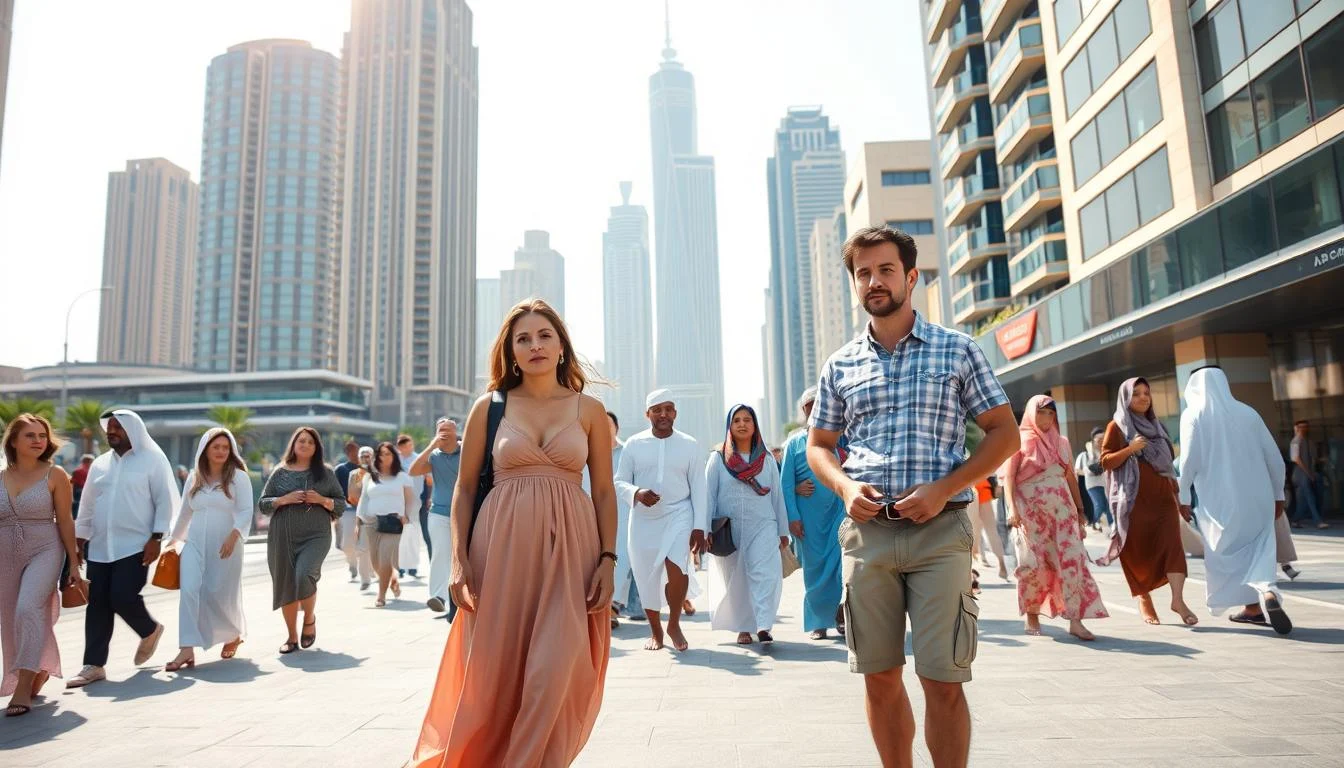 Tourists walking through a modern Dubai shopping mall, dressed in a mix of modest and casual attire, demonstrating acceptable clothing choices for for