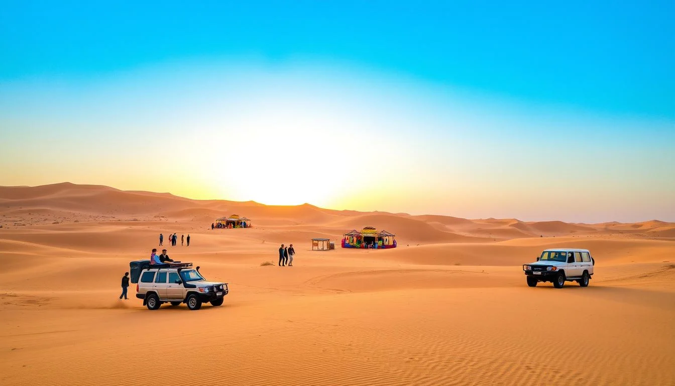 Tourists enjoying a peaceful desert safari in Dubai with camels at sunset, without dune bashing
