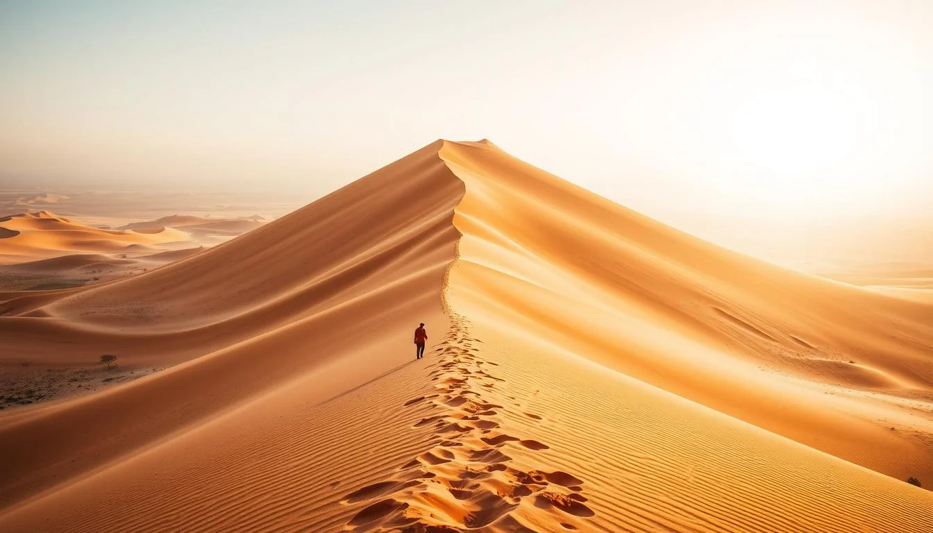 Adventurous tourists hiking up the steep, golden-red slopes of Dune 7 in Namibia, with vast desert landscapes stretching into the horizon