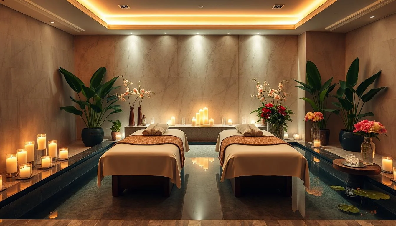 Couple enjoying a relaxing spa treatment together in a luxurious Dubai spa, surrounded by calming decor and soft lighting