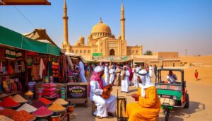 Tourists exploring the Al Fahidi Historical Neighborhood in Dubai, showcasing traditional Emirati architecture and cultural events