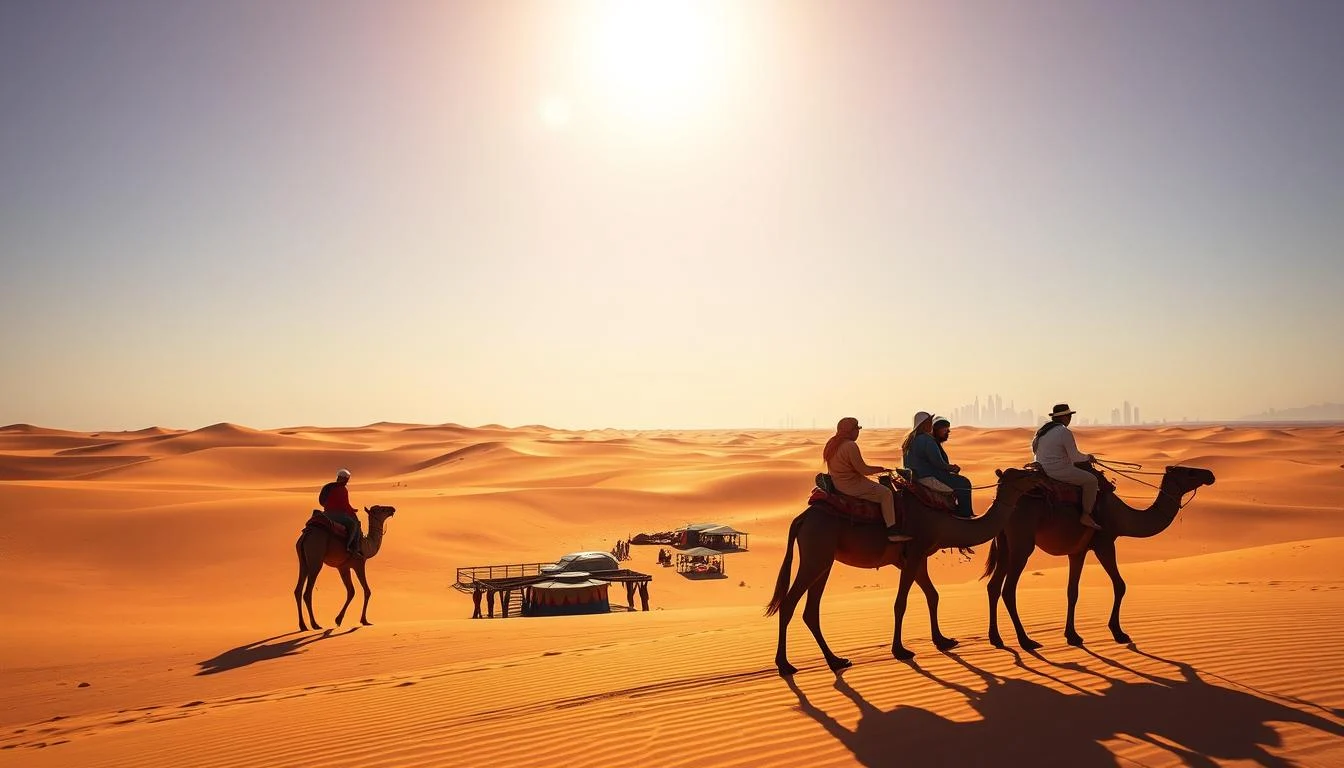 Tourists enjoying a traditional Bedouin cultural performance in a desert camp at sunset during a Dubai desert safari experience